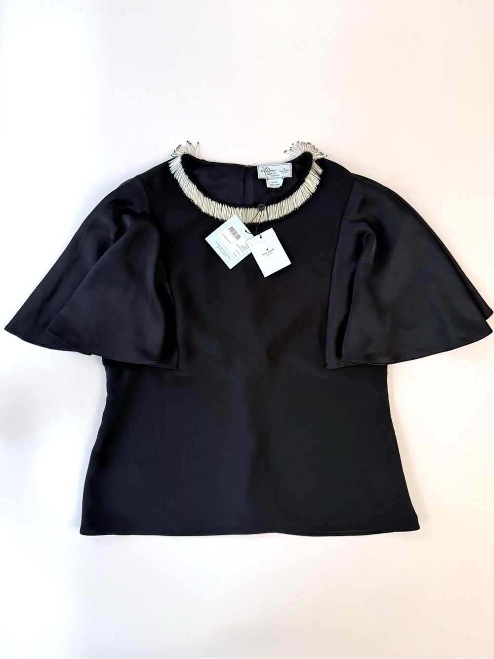 NWT Kate Spade Madison Ave Collection Embellished Holly Black Satin Top XL $498